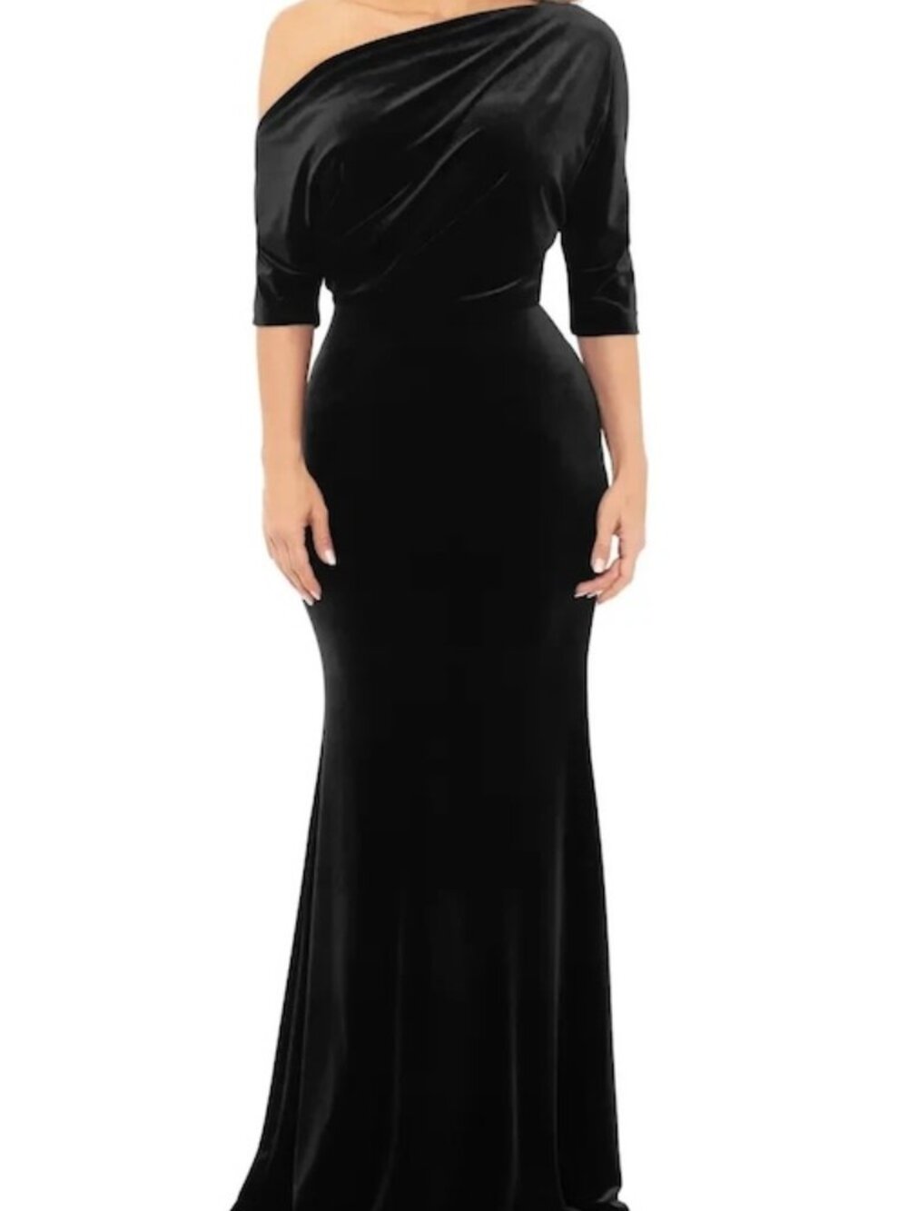 Betsy & Adam Black Drape One-Shoulder Velvet Gown